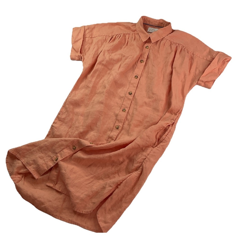 J Crew Shirt Dress 100% Linen Short Sleeve Button Up Relaxed Fit Pockets Sz 2XS